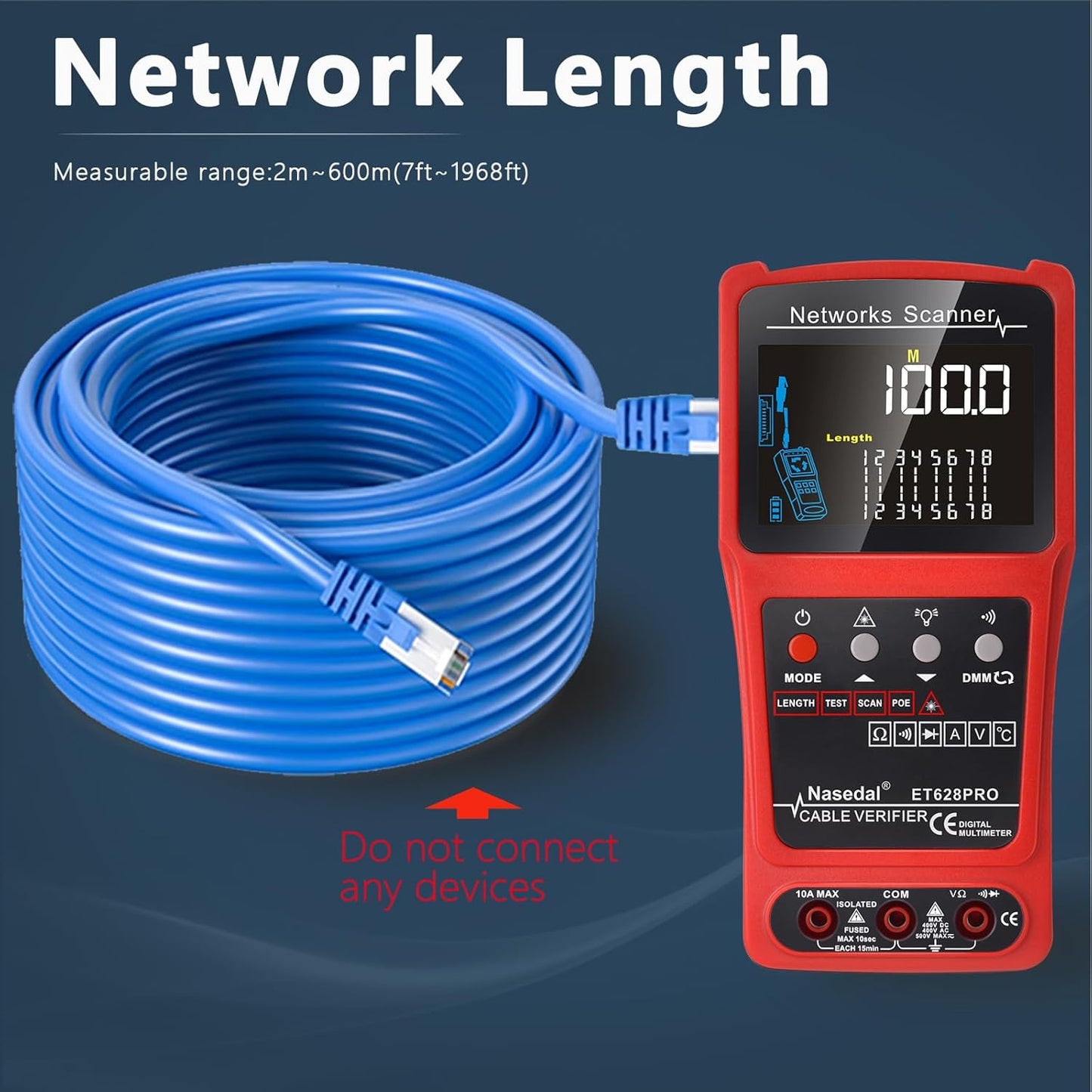 Netwerkkabeltester, draadtracker, geluidsgenerator, ethernet, tester, multimeter, VFL 3 in 1 RJ45, CAT5, CAT6, CAT7, CAT8, RJ11, klank, BNC tester, PoE-testkabel, lengte kabel