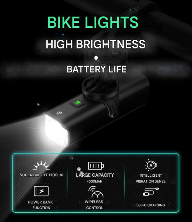 Fietslamp - Fietslicht - LED Koplamp - Krachtig Fietsverlichting - met Powerbank-functie - 1200Lm - 4000 mAh - Oplaadbare - Type C - IPX-6 Waterdicht - 5 Modi - Zwart