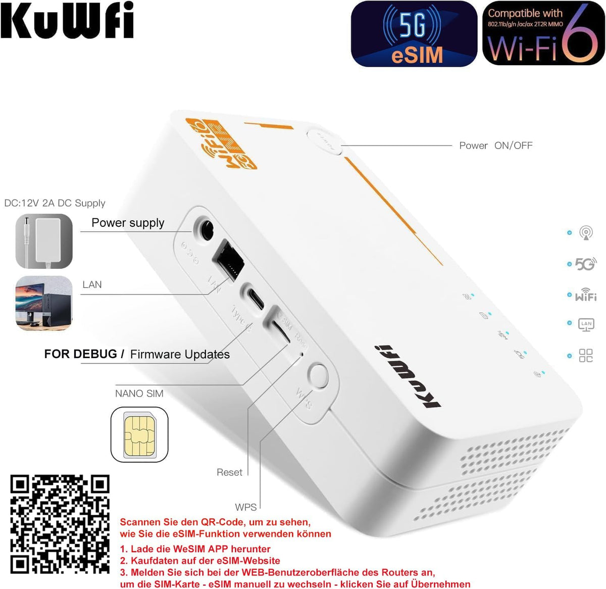 5G Router, NSA/SA 2.5Gbps 5G Modem ondersteuning sim kaart en esim, AX3600 Dualband Draadloze WiFi 6 Router, Draagbaar WiFi Hotspot voor Thuis, Platteland, Reizen, 32 Benutzer, 4000mAh
