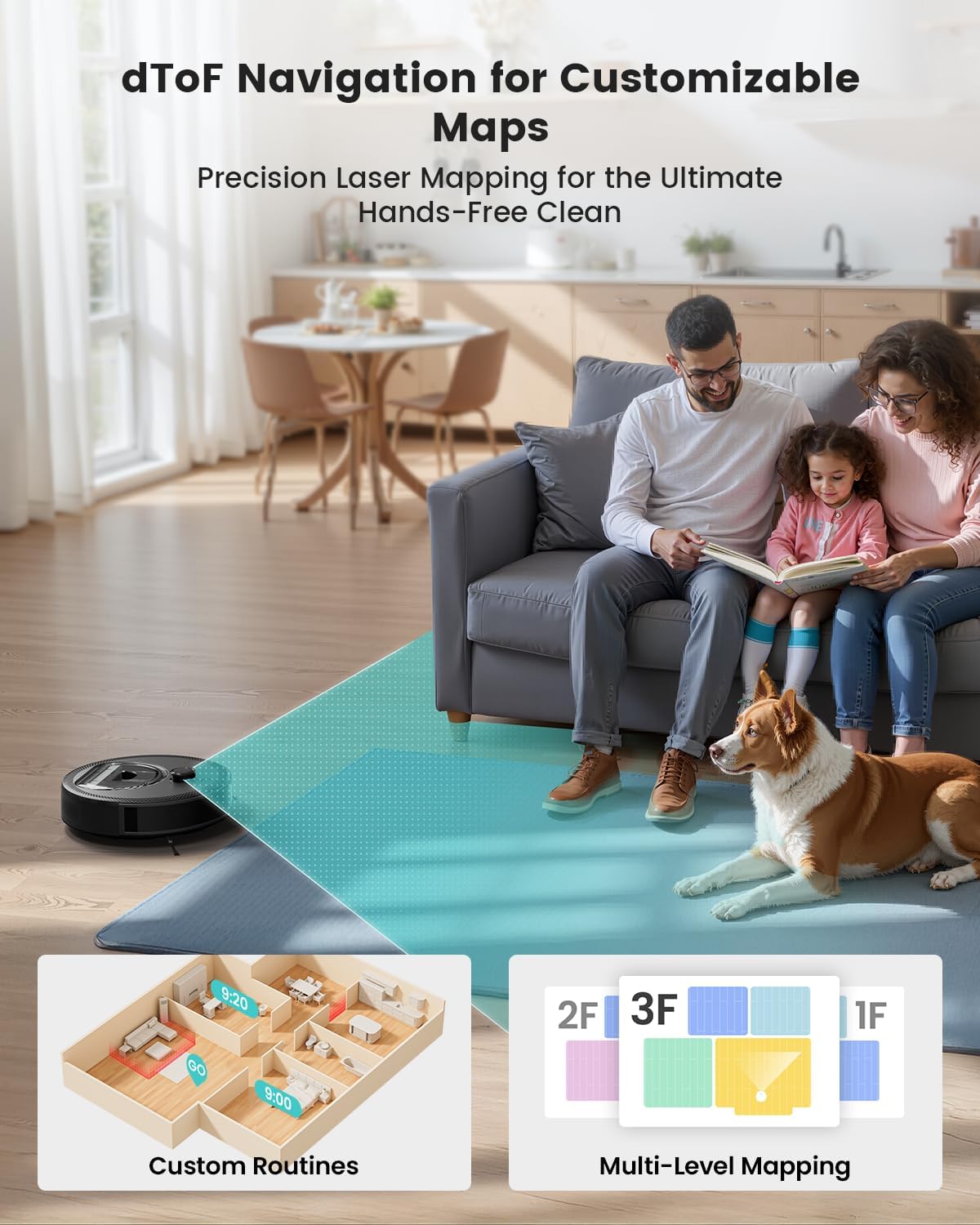 Lefant M330 Pro Robotstofzuiger en Dweilrobot Met 3-In-1 Mapping, Dtof-Navigatie, 5000Pa, 150 Min, Obstakelvermijding Psd 190°, Wifi/Alexa 2,4Ghz En 5Ghz, Ideaal Voor Dierenharen en Tapijten