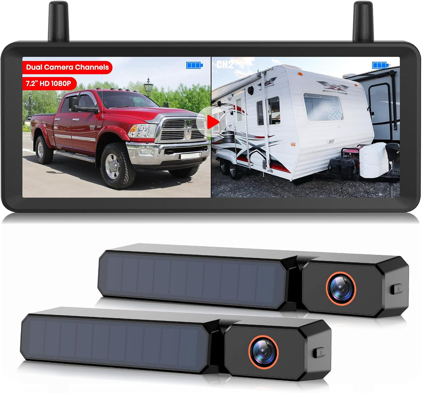 Achteruitrijcamera op zonne-energie, draadloos 2-camerasysteem: 2-min installatie, 7,2 inch, 1080p HD splitscreen-monitor met dubbele antennes, stabiel signaal, IP69K waterdichte achteruitrijcamera's