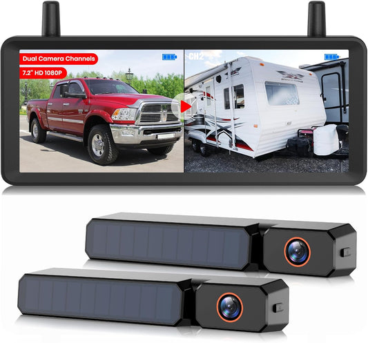 Achteruitrijcamera op zonne-energie, draadloos 2-camerasysteem: 2-min installatie, 7,2 inch, 1080p HD splitscreen-monitor met dubbele antennes, stabiel signaal, IP69K waterdichte achteruitrijcamera's