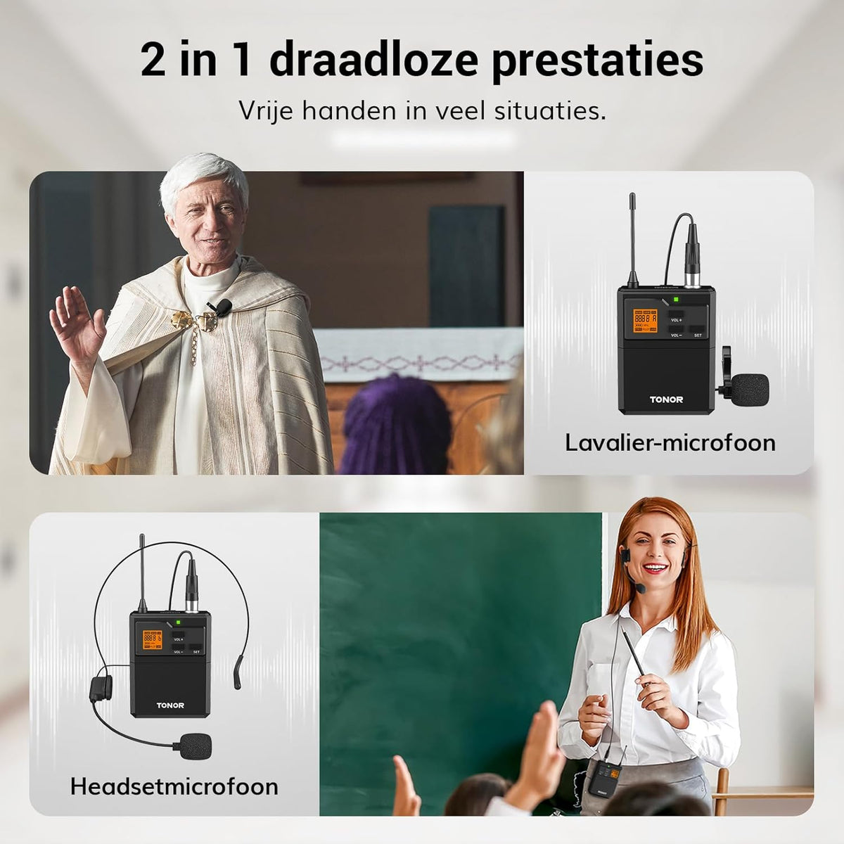 UHF Draadloos Microfoonsysteem Met Headset En Lavalier Microfoons – Draadloze Microfoonset – Headset Microfoon – Lavalier Microfoon – Bodypack Zender – Tot 90 Meter Bereik – 20 Instelbare Frequenties