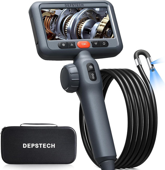 DEPSTECH Dubbele Lens 210° Twee-Weg Scharnierende Endoscoop Inspectiecamera, 1080P HD Borescoop met Licht, 4,5'' IPS Scherm, 8,5mm Sonde, 1,5M Waterdichte Flexibele Slangcamera voor Automotive, Wand