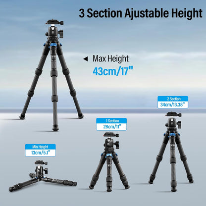 SIRUI Carbon Mini Statief, 43cm Desktop Statief Koolstofvezel met 360° Kogelkop, Draagbaar Mini Tripod voor DSLR Camera Video Camcorder, Belasting tot 10 kg, AM-223+B-00K
