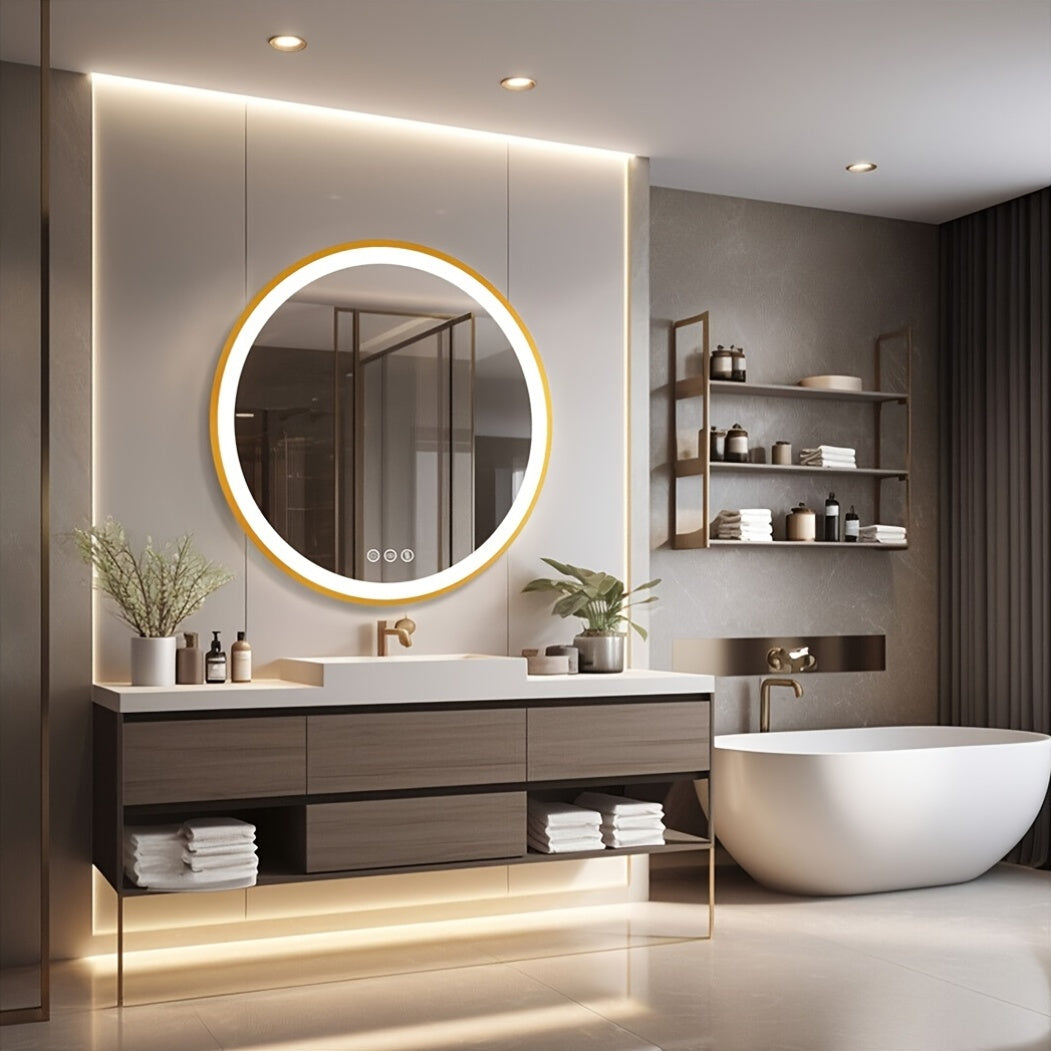 LED Spiegel Badkamer – Make-up Spiegel – Wandspiegel – Verlichte Spiegel – Ronde Spiegel 60x60 cm – Goud Geborsteld Aluminium Frame – Anti Condens Met 3-Kleurige Dimbare LED Verlichting