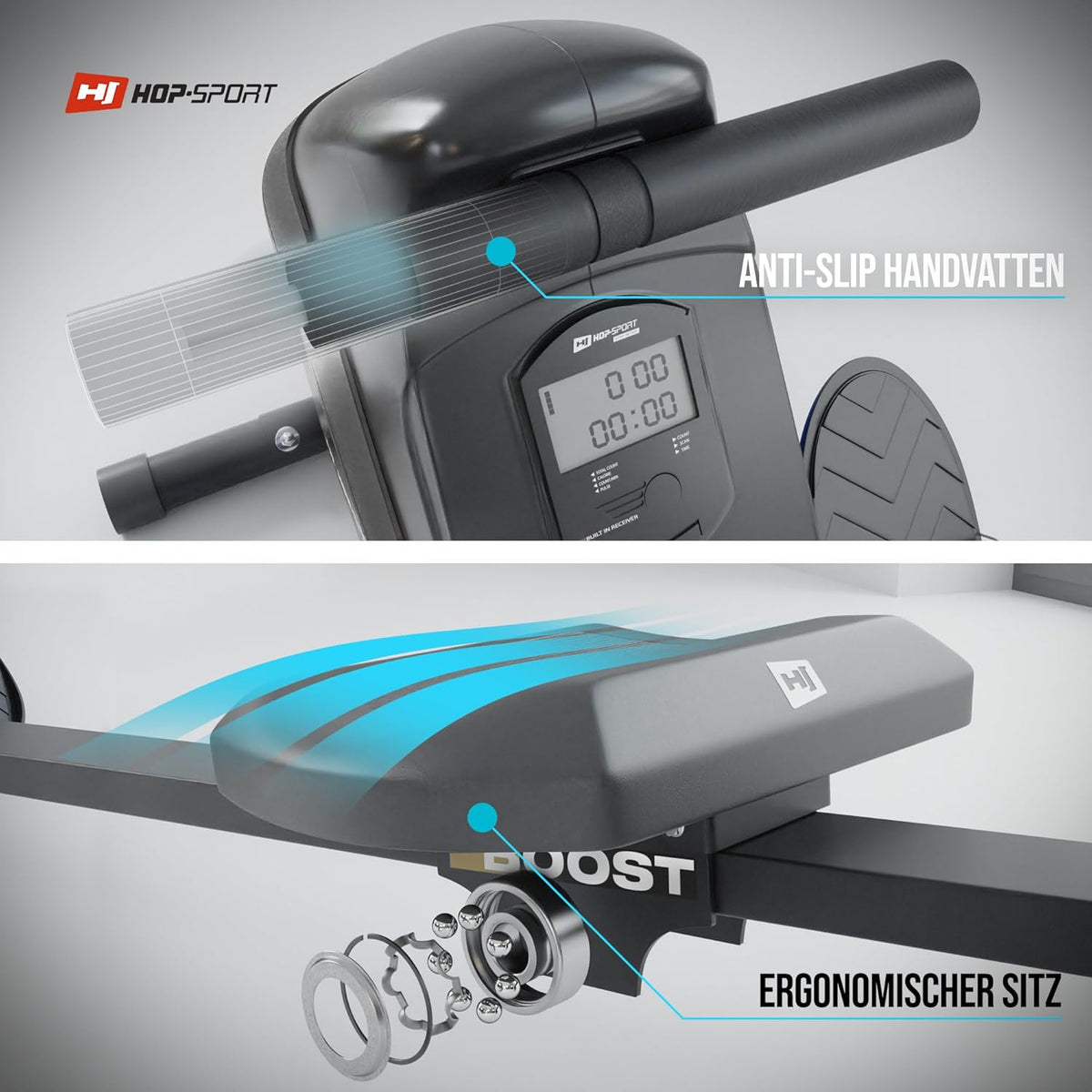 Hop-Sport Magnetic Rower HS-030R Boost, 10 Levels Of Silent Magnetic Resistance, Flywheel 9kg, Indoor Foldable Rowing Machine, LCD Monitor and Transport Wheels, for Home Use, max. 120kg - QUORE