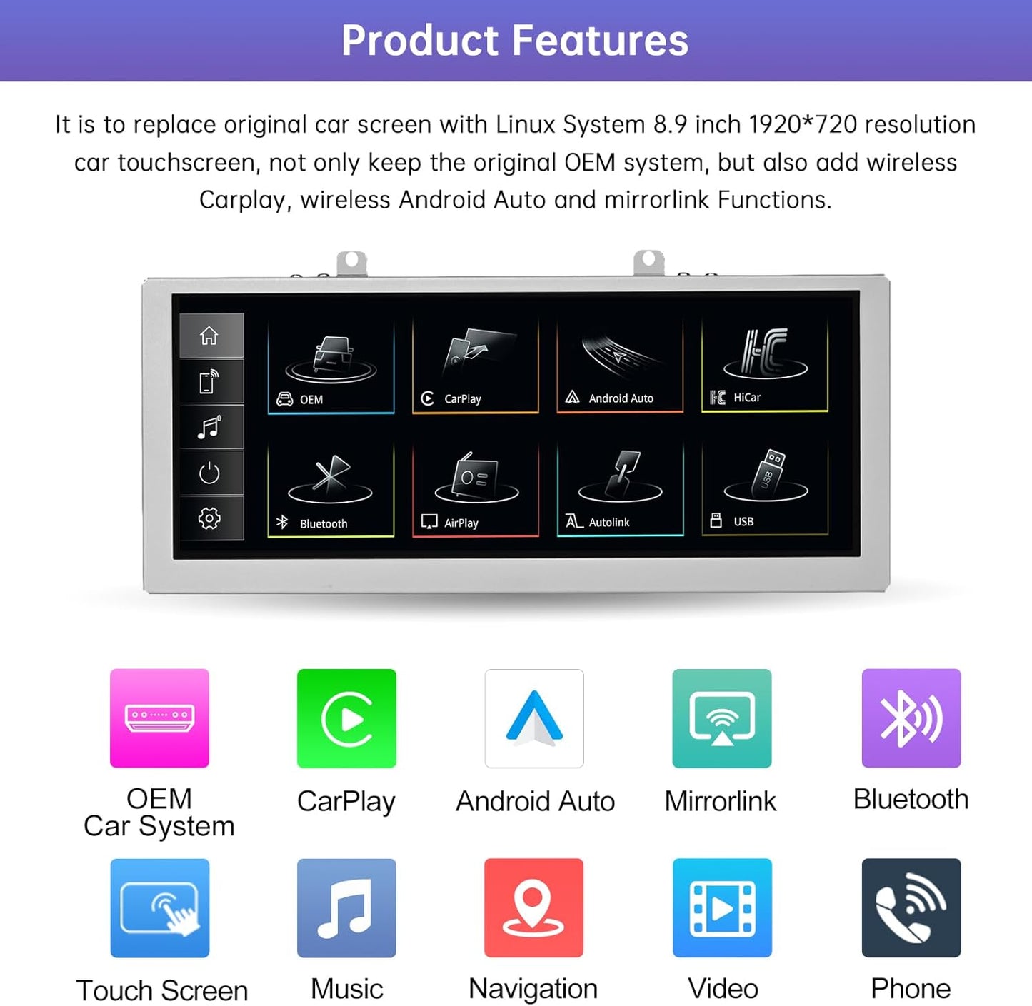 Autoradio – Autoscherm – Multimedia Systeem – Car Play – Touchscreen – 8,9 Inch HD – Draadloos CarPlay & Android Auto