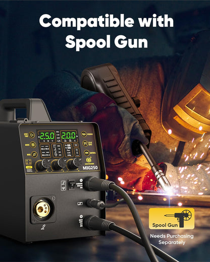 H HZXVOGEN Aluminium MIG-lasapparaat, 250A, 6-in-1, met gas/fluxvulling, gasloos, MIG/Lift TIG/Stick/Punt/Spoel, 110/220V synergetische besturing met LED-digitaal display, verbrandingsregeling