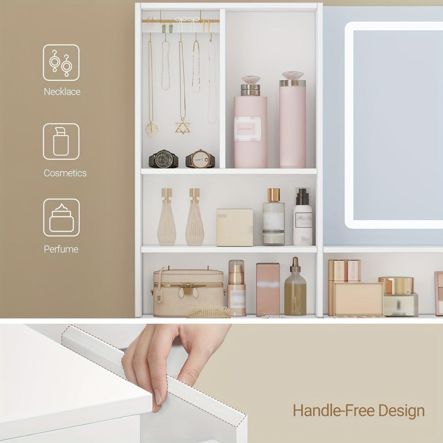 Kaptafel – Make-up Tafel – Vanity Table – Dresser Met Spiegel – Opbergtafel – L-vormige Hoekkaptafel – LED-verlichting – 5 Lades & 7 Open Vakken – Grote Spiegel – Wit