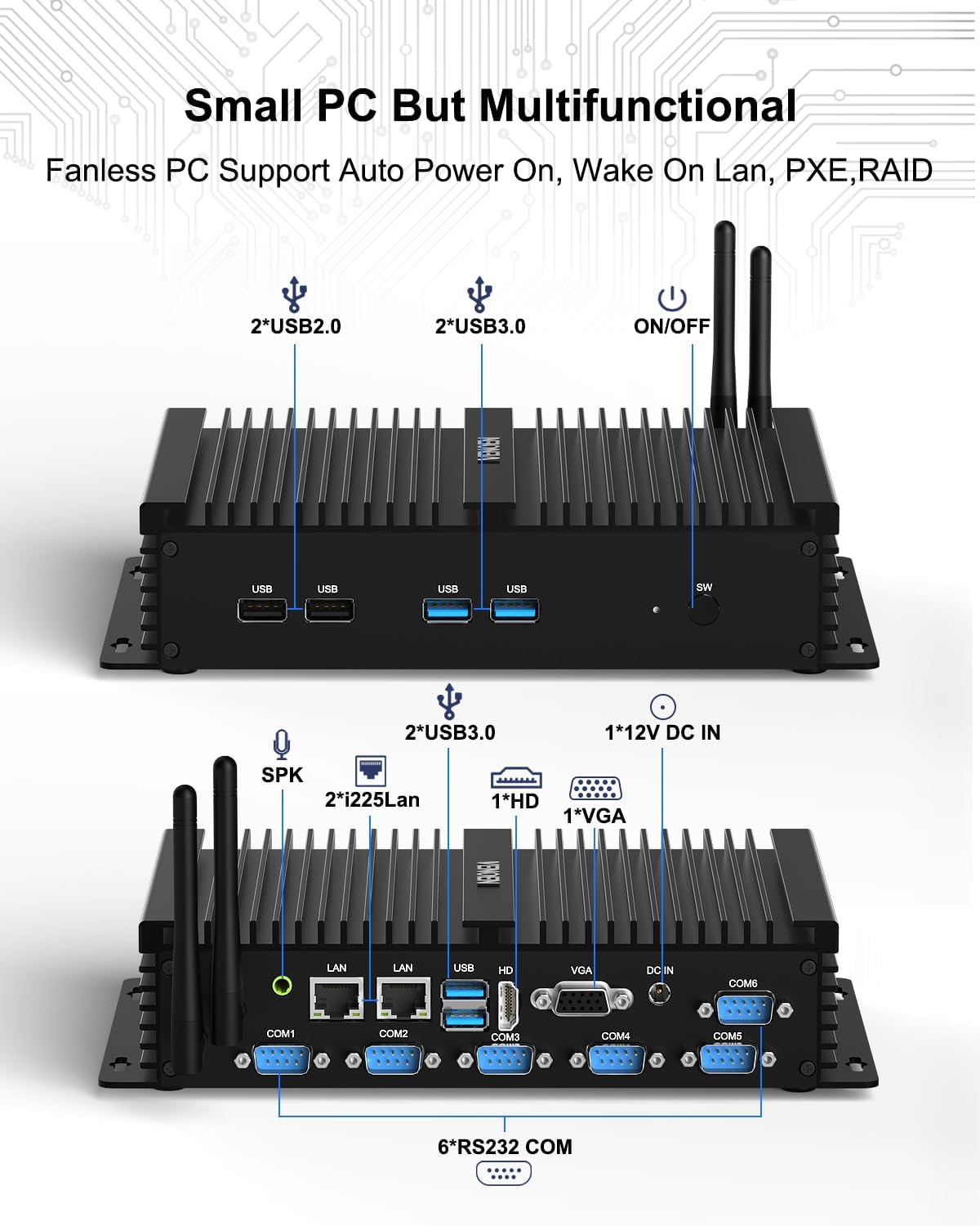 VENOEN Industrial Mini PC, Fanless PC I7, Industrial Computer, Core i7 8550U, W11 Pro, HD1.4, VGA, Dual Display, 6 RS232 COM, RJ45 LAN, USB, SIM slot, WLAN, BT4.0, WOL, RAID, 16GB RAM 512GB - QUORE
