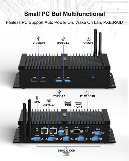 VENOEN Industrial Mini PC, Fanless PC I7, Industrial Computer, Core i7 8550U, W11 Pro, HD1.4, VGA, Dual Display, 6 RS232 COM, RJ45 LAN, USB, SIM slot, WLAN, BT4.0, WOL, RAID, 16GB RAM 512GB - QUORE