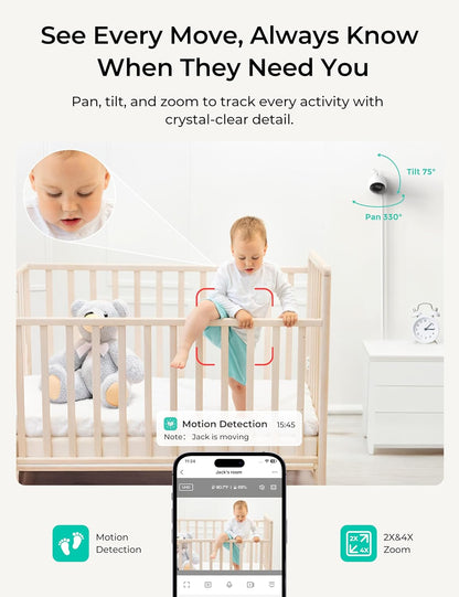 Dr.Care VistaView Lite Smart WiFi Baby Monitor en 2 camera's, 4 inch display 720P, camera 1080P, app, bewegingswaarschuwingen, nachtzicht, batterij 3000 mAh, bidirectionele audio, bereik 390 m.
