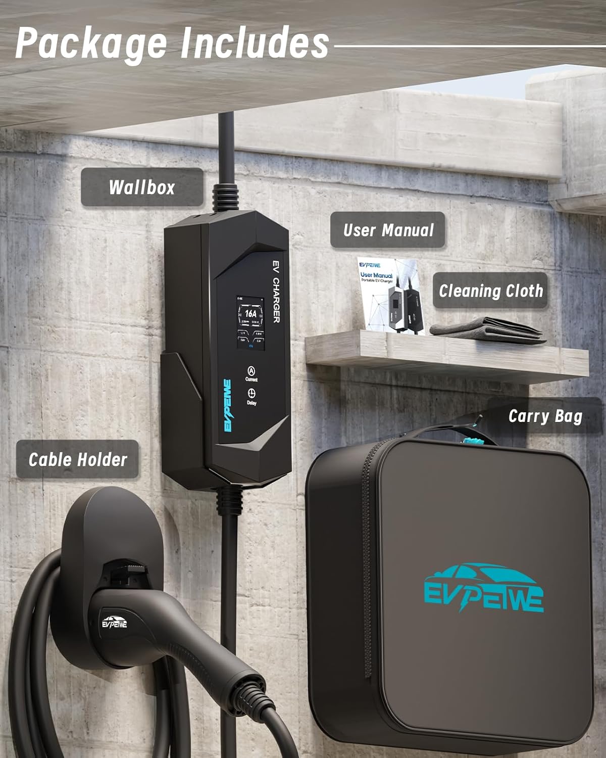 Elektrische autolader 11 kW [8 m | driefasig | 6-16 A | 380 V] type 2 CEE-stekker, EV-oplader, mobiel laadstation voor type 2 EVs, instelbare oplaadtijd [0-12 uur], IP65