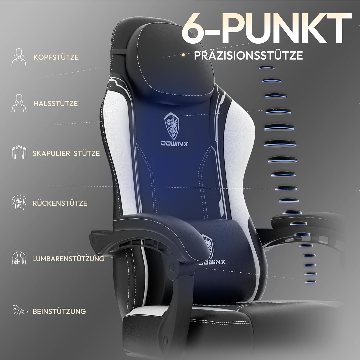 Dowinx Gaming Chair, Ergonomic PU Leather Gamer Chair with Lumbar Support, PC Chair with Widened Backrest, Maximum Load 150 kg, White - QUORE