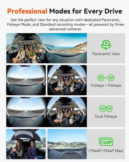 VANTRUE E360 Plus 3-kanaals 5.2K panorama+1440p dashcam met Dual STARVIS 2 HDR nachtzicht, 360° buffer parkeermodus dashcam, spraakgestuurde autocamera, APP, 1,54 inch touchscreen, max. 1TB