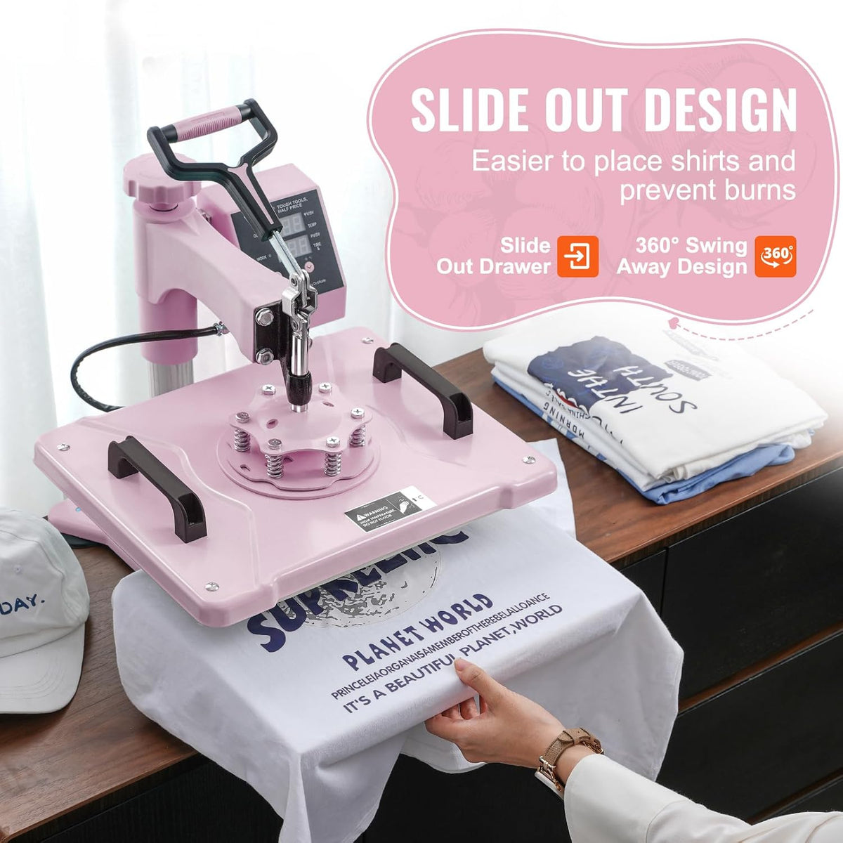 VEVOR Warmteoverdrachtsmachine, 300 x 380 mm, 8-in-1 hittepersmachine met 0,17-0,85 kg trommelpers, 360 graden oscillerend T-shirt persen voor T-shirts/hoeden, roze