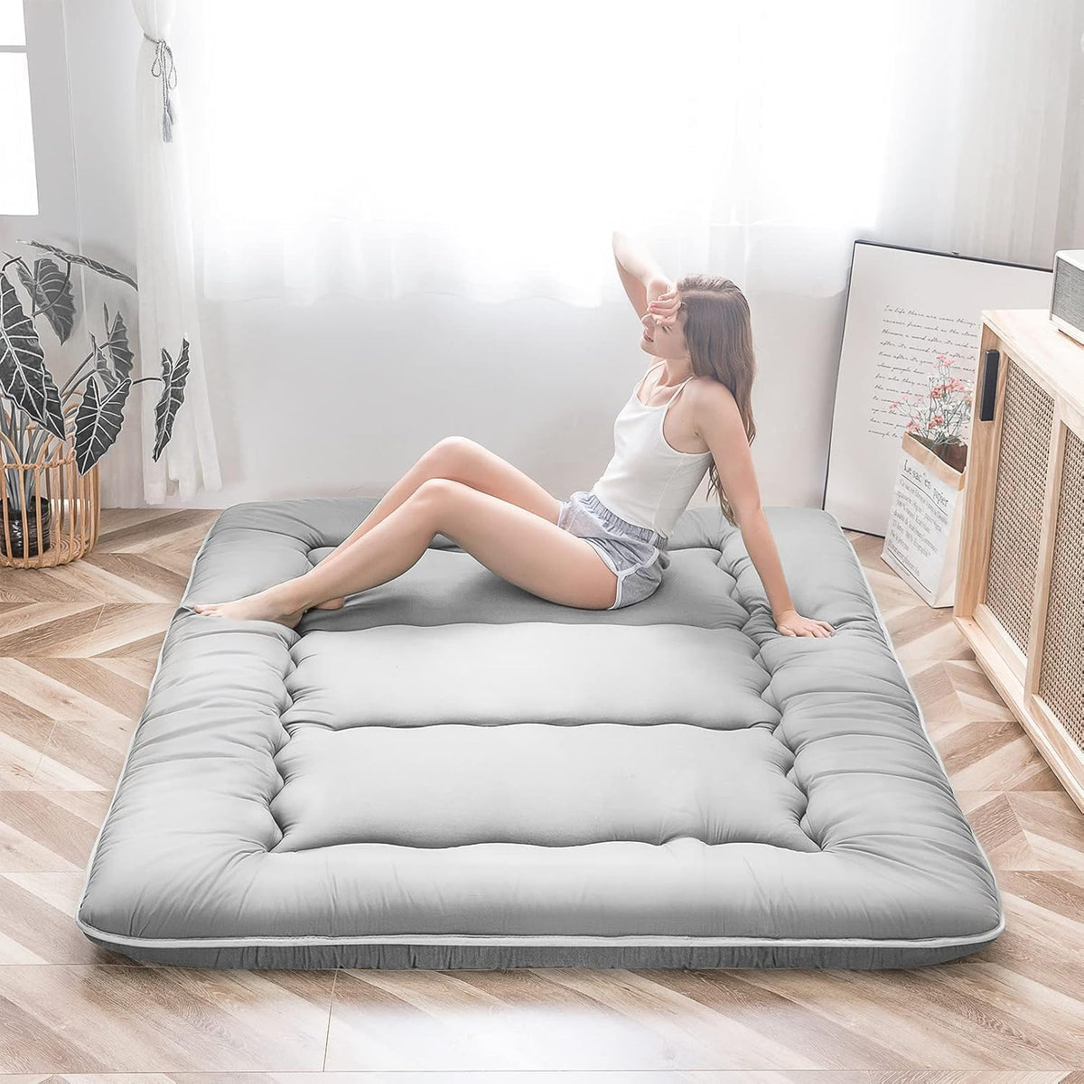 Maxyoyo Japanese Floor Mattress, Futon Mattress, Thicken Tatami Mat, Sleeping Pillow, Foldable, Roll-Up Mattress, Dormitory, Mattress, Floor Lounger, Pillow, Bed (Grey, Double)