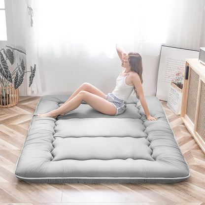 Maxyoyo Japanese Floor Mattress, Futon Mattress, Thicken Tatami Mat, Sleeping Pillow, Foldable, Roll-Up Mattress, Dormitory, Mattress, Floor Lounger, Pillow, Bed (Grey, Double)