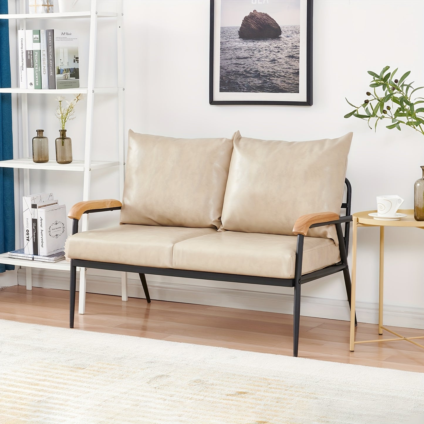 2-zits Bank – Loveseat – Loungebank – Settee – Fauteuil – PU Leren Kussen – Metalen Frame – Lichtbruin – Modern Retro – Comfortabel – Opvouwbaar