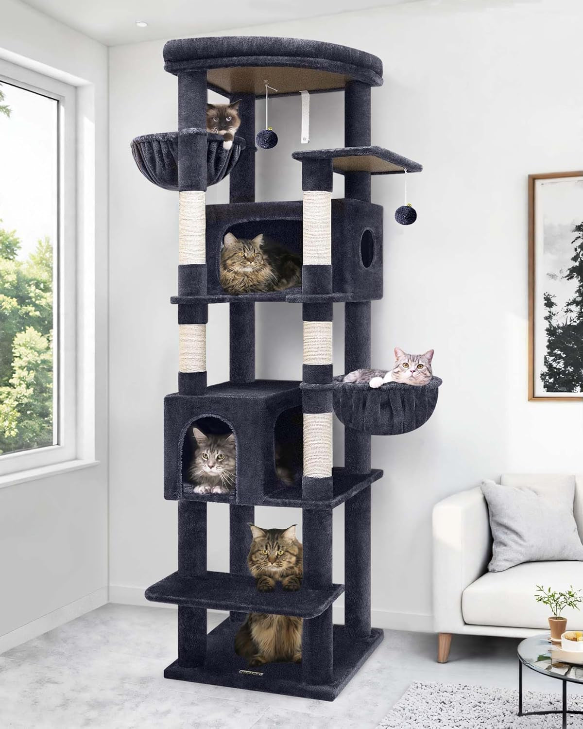 Krabpaal – Kattenboom – Kattenhuis – Kattenmand – Krabmeubel – Donkergrijs – 188 cm Hoog – 2 Grote Kattenhuisjes Met Platform