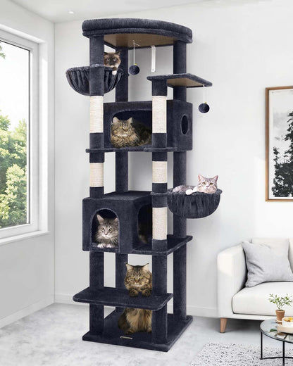 Krabpaal – Kattenboom – Kattenhuis – Kattenmand – Krabmeubel – Donkergrijs – 188 cm Hoog – 2 Grote Kattenhuisjes Met Platform