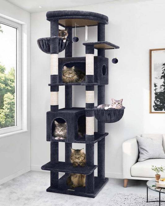 Krabpaal – Kattenboom – Kattenhuis – Kattenmand – Krabmeubel – Donkergrijs – 188 cm Hoog – 2 Grote Kattenhuisjes Met Platform