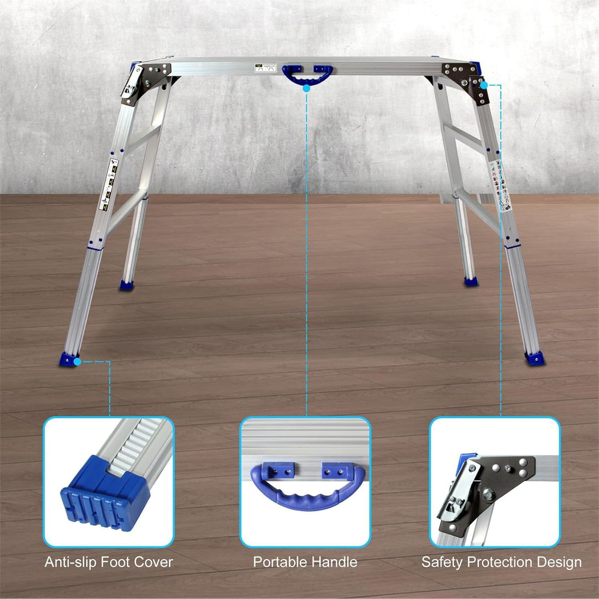 Werkplatform 100 x 30 cm, 2-traps werkplatform inklapbaar met antislip rubberen mat, alle poten in hoogte verstelbaar van 65 tot 90 cm, draagkracht 150 kg