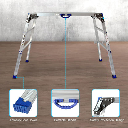 Werkplatform 100 x 30 cm, 2-traps werkplatform inklapbaar met antislip rubberen mat, alle poten in hoogte verstelbaar van 65 tot 90 cm, draagkracht 150 kg