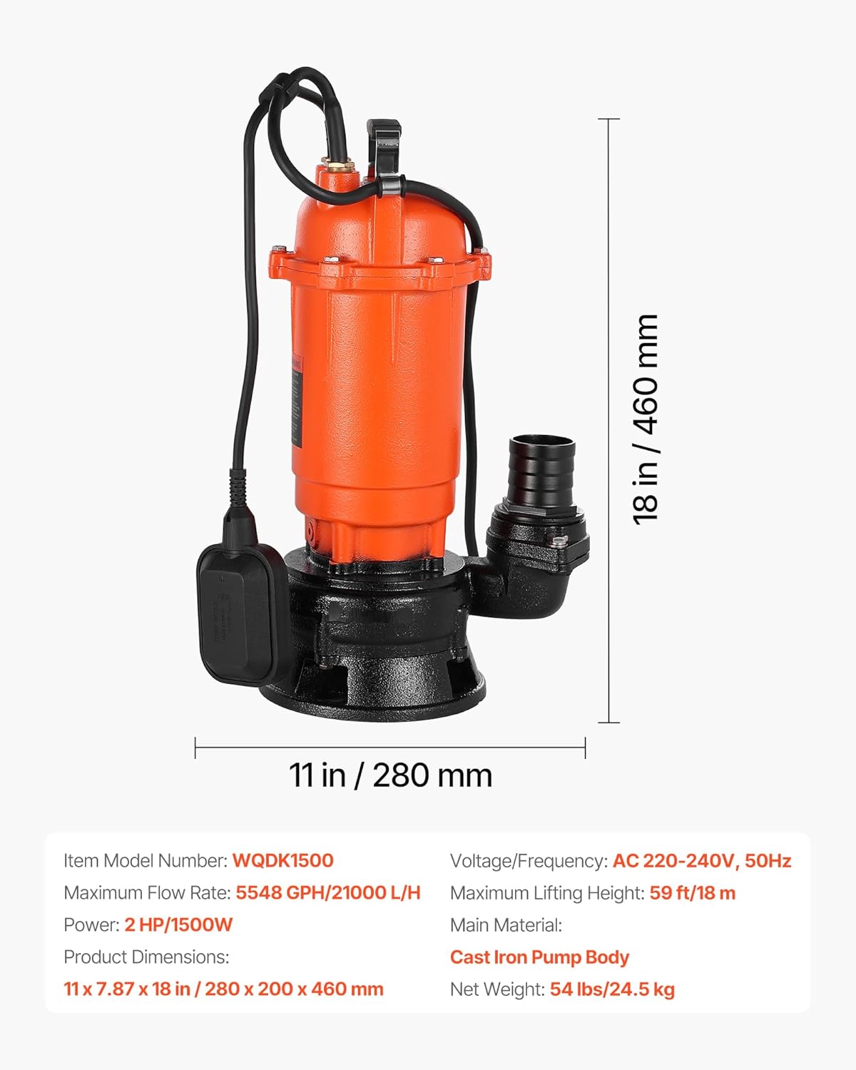 VEVOR Dompelpomp voor doos, 1500 W, 21000 l/u, van gietijzer met automatische vlotterschakelaar, maximale hefhoogte 18 m, afvoer van schoon en vuil water voor zwembad, tuin