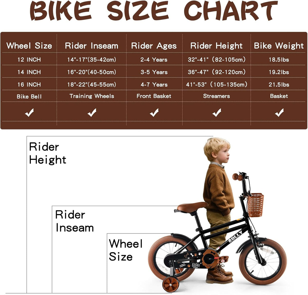 RULLY 12-16 inch jongensfiets voor kinderen van 2 tot 6 jaar, fiets met steunwielen, terugtraprem en handrem, mand vooraan - blauw, zwart, groen