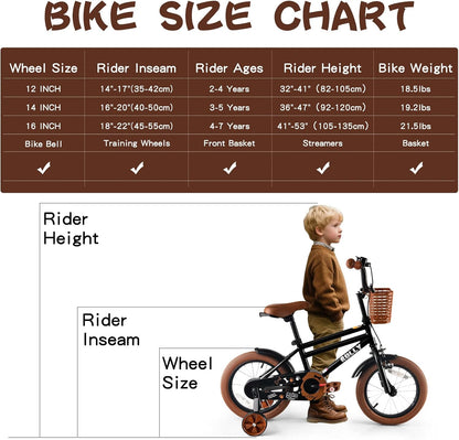 RULLY 12-16 inch jongensfiets voor kinderen van 2 tot 6 jaar, fiets met steunwielen, terugtraprem en handrem, mand vooraan - blauw, zwart, groen