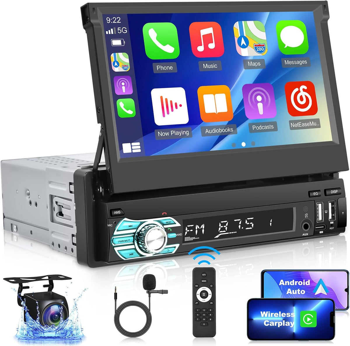 1 Din Car Radio with Extendable Display with Wireless Carplay and Android Car - 7 Inch Car Radio Carplay Support Mirror Link USB Type C + AHD Rear Camera and Remote Control - QUORE