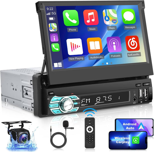 1 Din Autoradio met Uitschuifbaar Display met Draadloze Carplay en Android Auto - 7 Inch Autoradio Carplay Ondersteuning Mirror Link USB Type C + AHD Achteruitrijcamera en Afstandsbediening