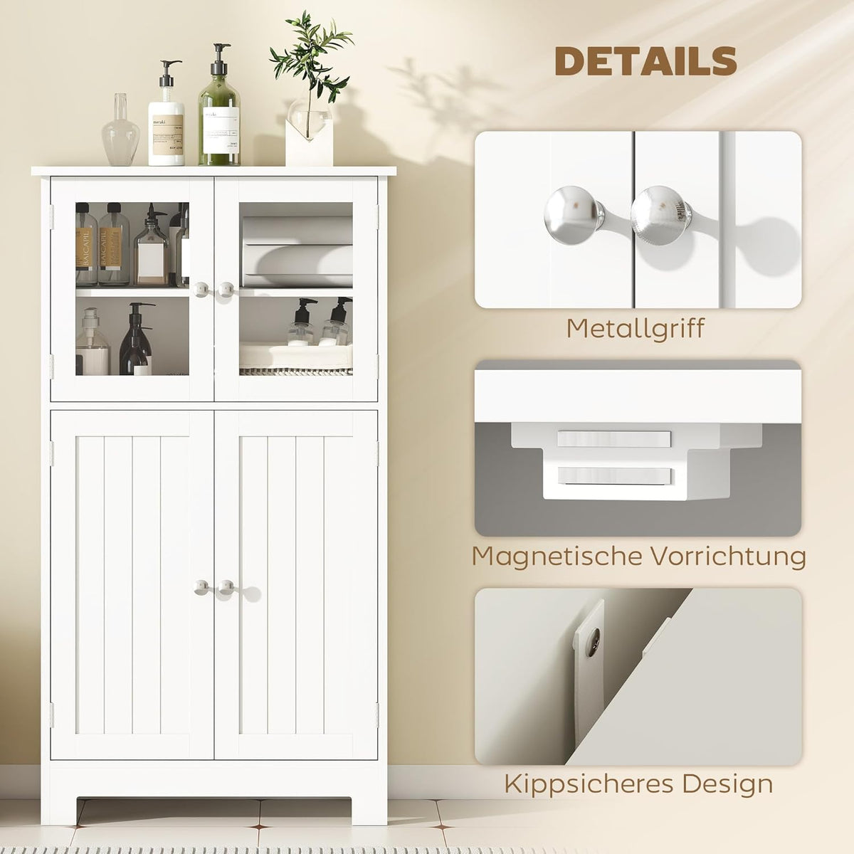kleankin bathroom cabinet with glass doors and 2 storage compartments Storage cabinet with adjustable shelves Multi-function cabinet, anti-tilt protection, MDF, tempered glass, white, 60 x 30 x 109.5 - QUORE