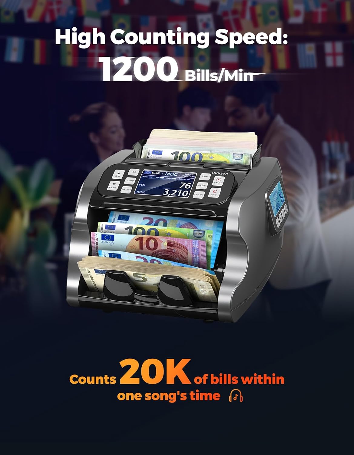Geldtelmachine – Banknotenteller – Bankbiljettenteller – Geldteller – Contantelteller – Voor Gemengde Coupures – UV/MG/IR/MT-Detectie – 3,5 Inch TFT-Display