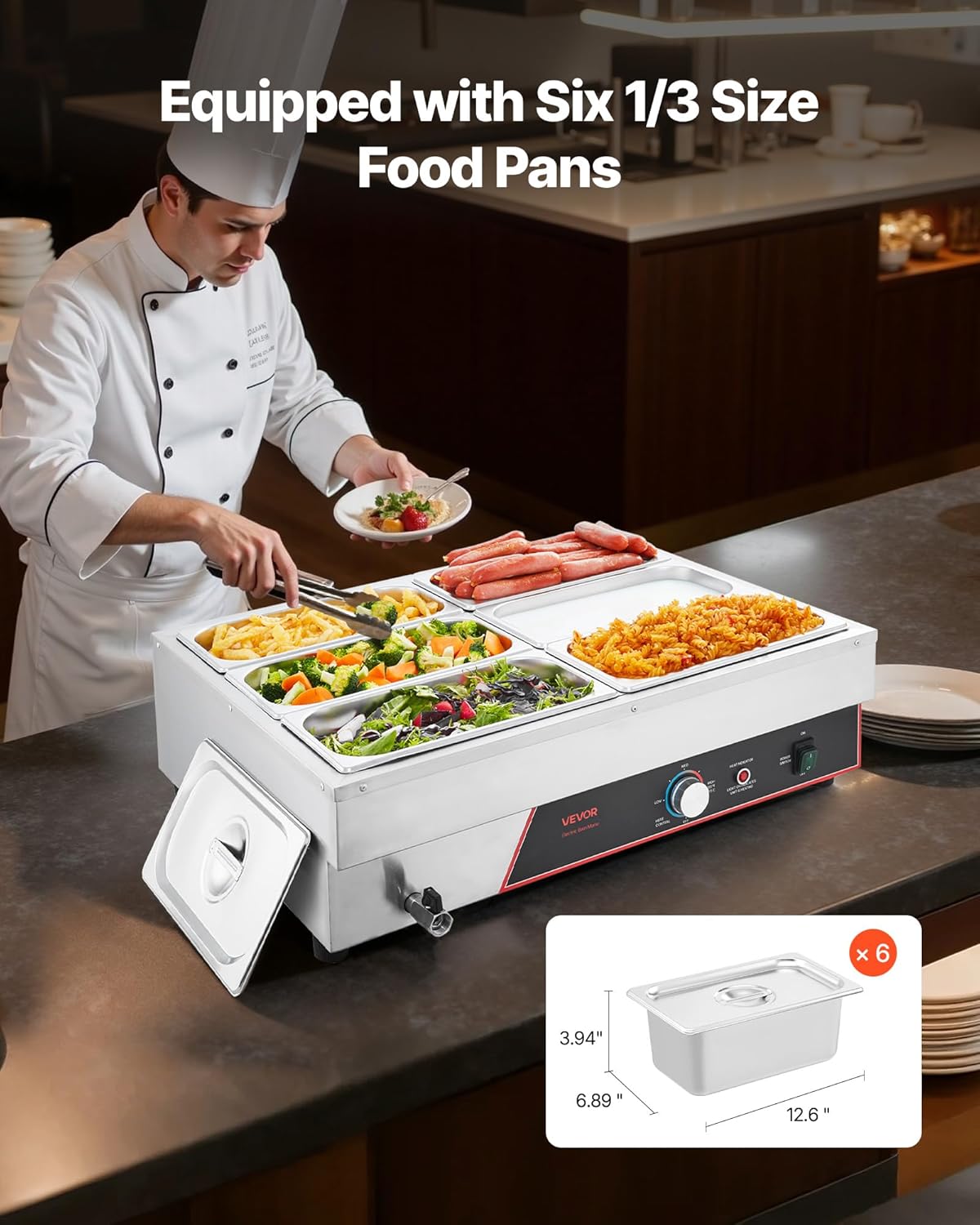 VEVOR Voedselwarmer met 6 containers van 1/3 formaat en netsnoer, roestvrij staal, 1500 W, voor waterbad, restaurants, feestjes en buffetten, 690 x 570 x 220 mm