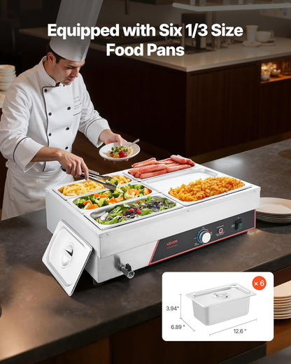 VEVOR Voedselwarmer met 6 containers van 1/3 formaat en netsnoer, roestvrij staal, 1500 W, voor waterbad, restaurants, feestjes en buffetten, 690 x 570 x 220 mm