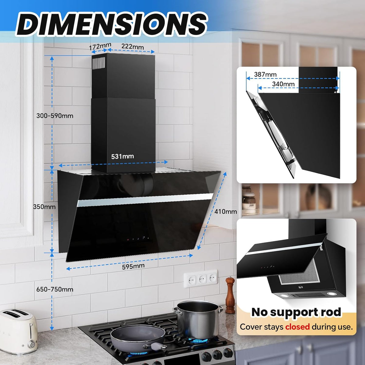TopStrong Afzuigkap 60 cm, 800 m³/h afzuigkap convectie/afvoerlucht met actieve koolfilter, A+++, stille kopvrijkap met ledverlichting, wandkappen 3 standen + booster touchscreen, borstelloze motor
