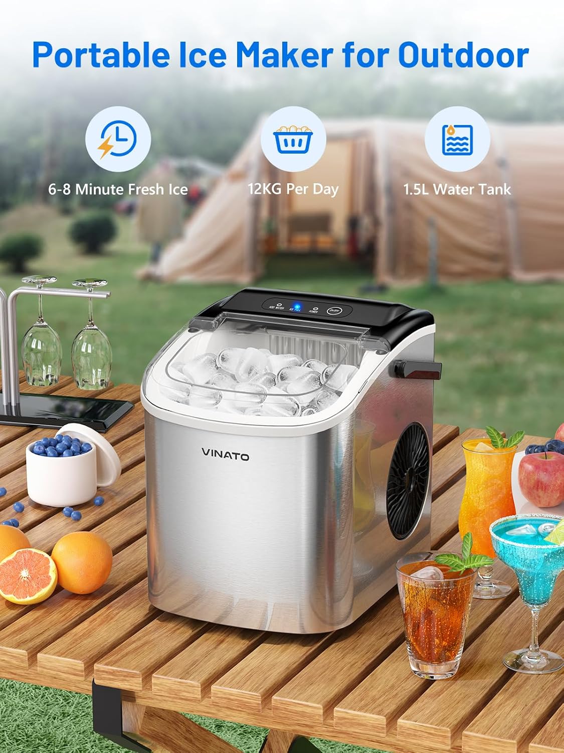 VINATO IJsmachine, kleine ijsmachine, 9 ijsblokjes in slechts 6-8 minuten, ijsmachine 12 kg/24 uur, draagbare ijsmachine voor keuken, bar, camping