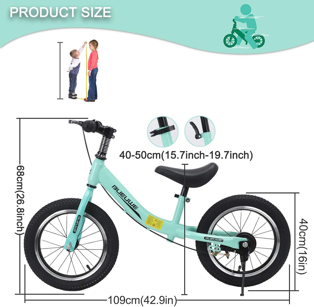 16 Inch Loopfiets Voor Kinderen Van 5-8 Jaar, Loopfiets Met Remmen, Verstelbaar Zadel, Lichtgewicht Koolstofstalen Frame Met Beugel, Stabiel En Duurzaam,Groen