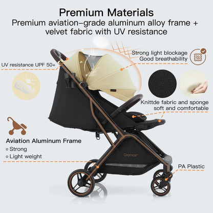 Gromast Gravity Opvouwbare babybuggy met verstelbare rugleuning en zonnedak, lichtgewicht en uv-bescherming, met één hand automatisch inklapbaar, beige
