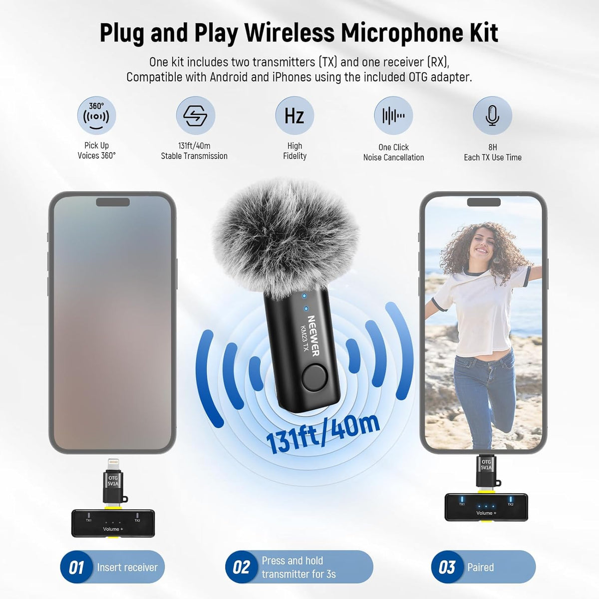 Vlogging kit voor telefoon voor iPhone en Android – Content creator kit – Podcast set – Telefoonstatief – Selfiestick – RGB videolicht 2500K-8500K met 20 effecten – Draadloze lavalier microfoon met ruisonderdrukking en 40 m bereik