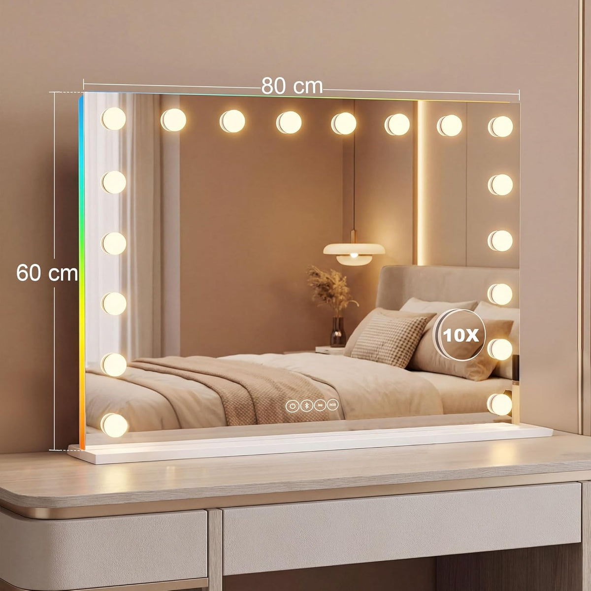 Make-up Spiegel – Hollywood Spiegel – Verlichte Spiegel – LED Spiegel – Make-up Vanity Spiegel – 80x60 cm – 18 Dimbare LED-Lampen – 10x Vergroting