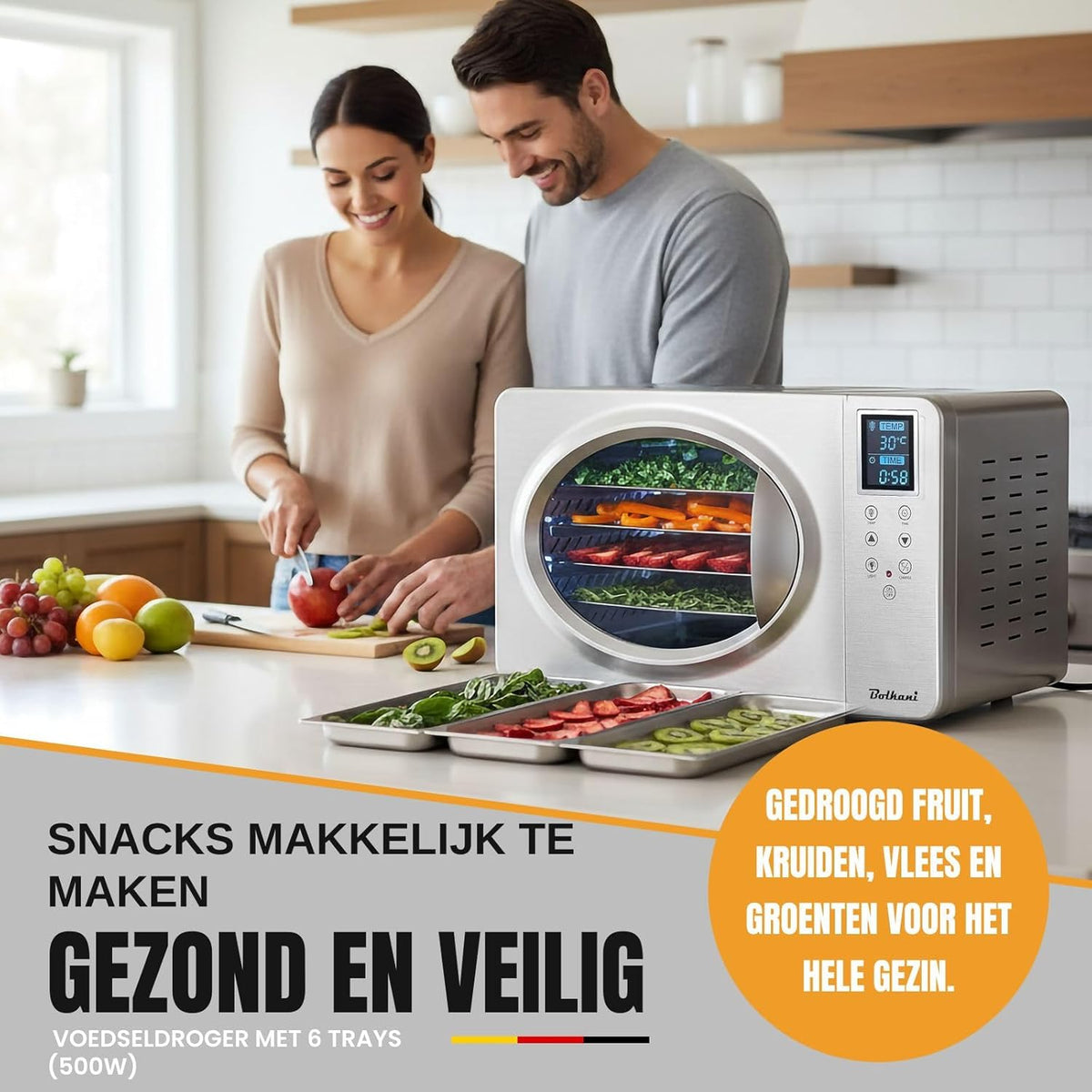 Voedseldroger van roestvrij staal, 6 tablets, 500 W, led-display, 30-90 °C, 24-uurs timer, stille werking, inclusief lekbak en droogmat voor fruit en vlees