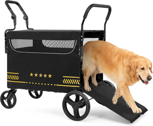 Heavy Duty hondenkinderwagen met opvouwbare helling, gemakkelijke toegang voor oudere of gewonde honden, huisdierbuggy met verstelbare handgrepen, ondersteunt tot 80 kg, zwart