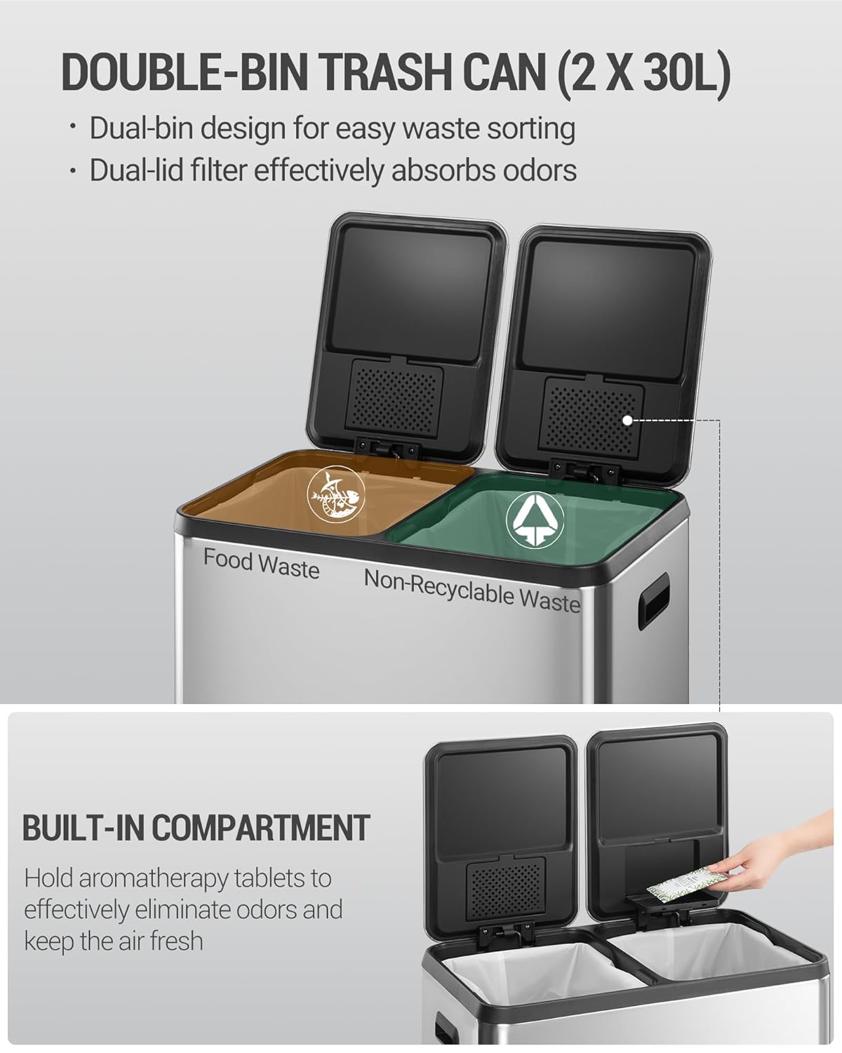 Hzuaneri Kitchen Waste Bin, Waste Separation System (2 x 30 litres), Stainless Steel Kitchen Waste Bin with Color Coded Pedal, Silent and Slow Baging, Includes 15 Waste Bags, Silver Color SW23099E