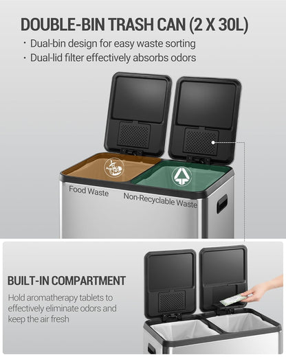 Hzuaneri Kitchen Waste Bin, Waste Separation System (2 x 30 litres), Stainless Steel Kitchen Waste Bin with Color Coded Pedal, Silent and Slow Baging, Includes 15 Waste Bags, Silver Color SW23099E