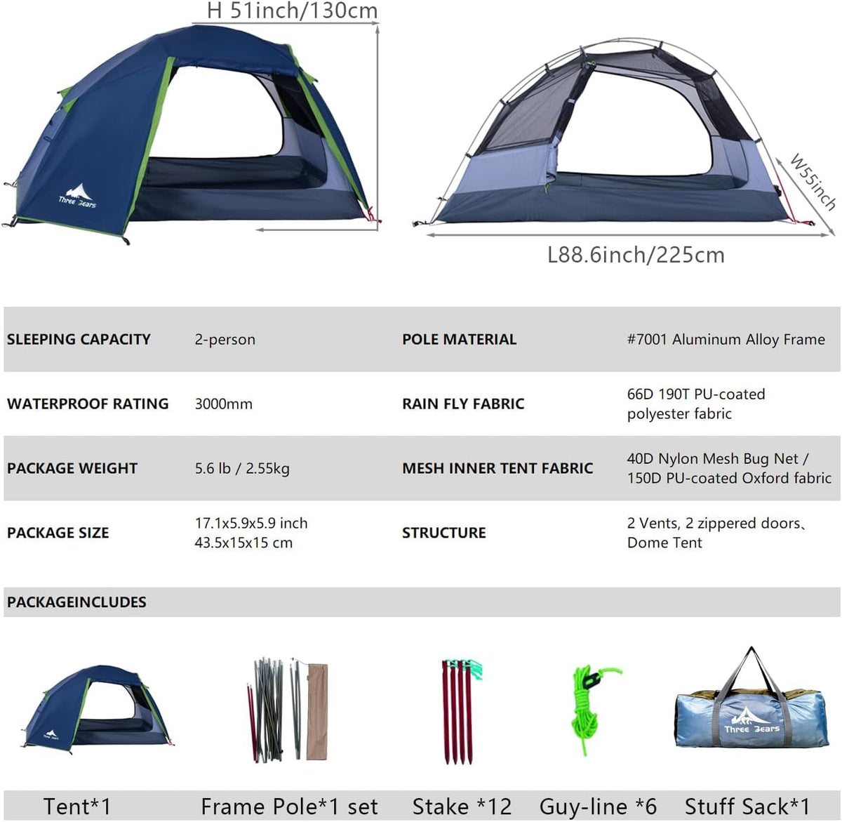 ThreeBears 2-persoonstent, waterdicht en winddicht, lichte trekkingtent met aluminium stangen en waterdicht polyester, ideaal voor kamperen, wandelen, bergbeklimmen en reizen, snelle opbouw