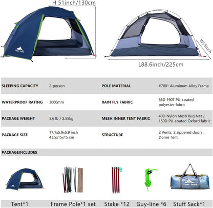 ThreeBears 2-persoonstent, waterdicht en winddicht, lichte trekkingtent met aluminium stangen en waterdicht polyester, ideaal voor kamperen, wandelen, bergbeklimmen en reizen, snelle opbouw